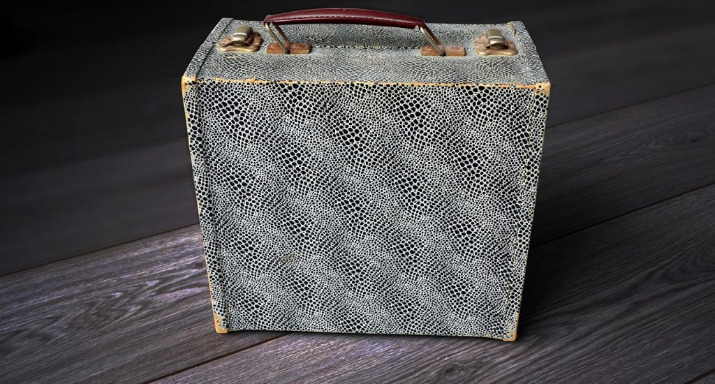 Une vieille valise servant à transporter des disques vinyles.