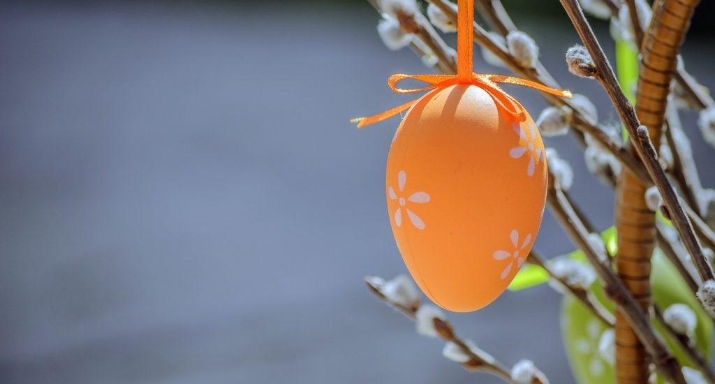 Un oeuf de pâques orange est suspendu à une branche qui bourgeonne. 
