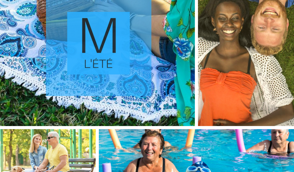 Montage de photos estivales : un pique-nique, un couple dans le gazon, une personne non-voyante et son accompagnatrice, des vieilles dames qui font de l'aquaforme. Montage de photos estivales : un pique-nique, un couple dans le gazon, une personne non-voyante et son accompagnatrice, des vieilles dames qui font de l'aquaforme.