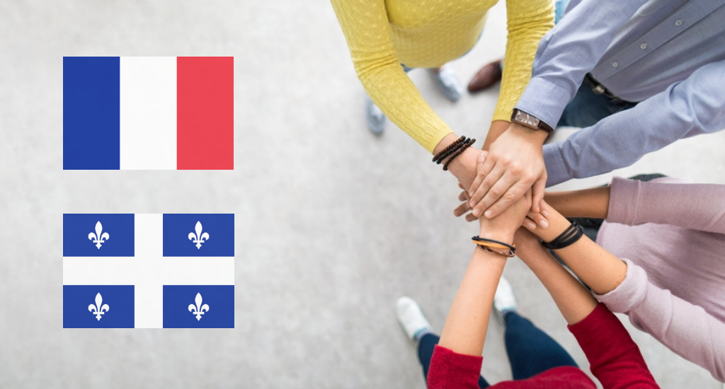 Un drapeau de la france, un drapeau du Québec et des mains qui se touchent
