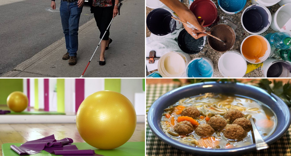 Montage de 4 photos: une femme marche avec une canne blanche et quelqu'un la guide, des pots de peintures de toutes les couleurs, une ballon d’exercice et une soupe avec des boulettes de viande. 