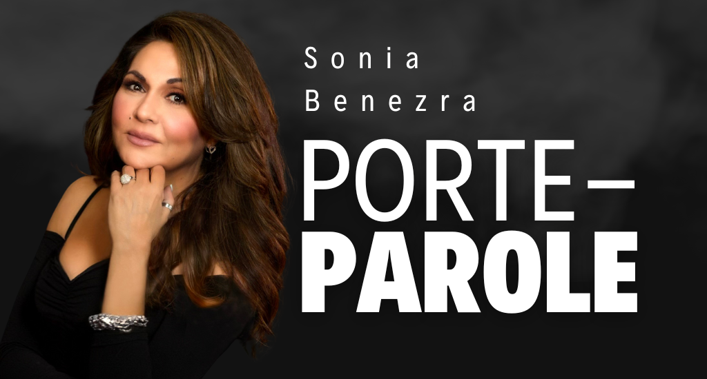 Portrait de Sonia Benezra sur fond noir. Porte-parole. Portrait de Sonia Benezra sur fond noir. Porte-parole.