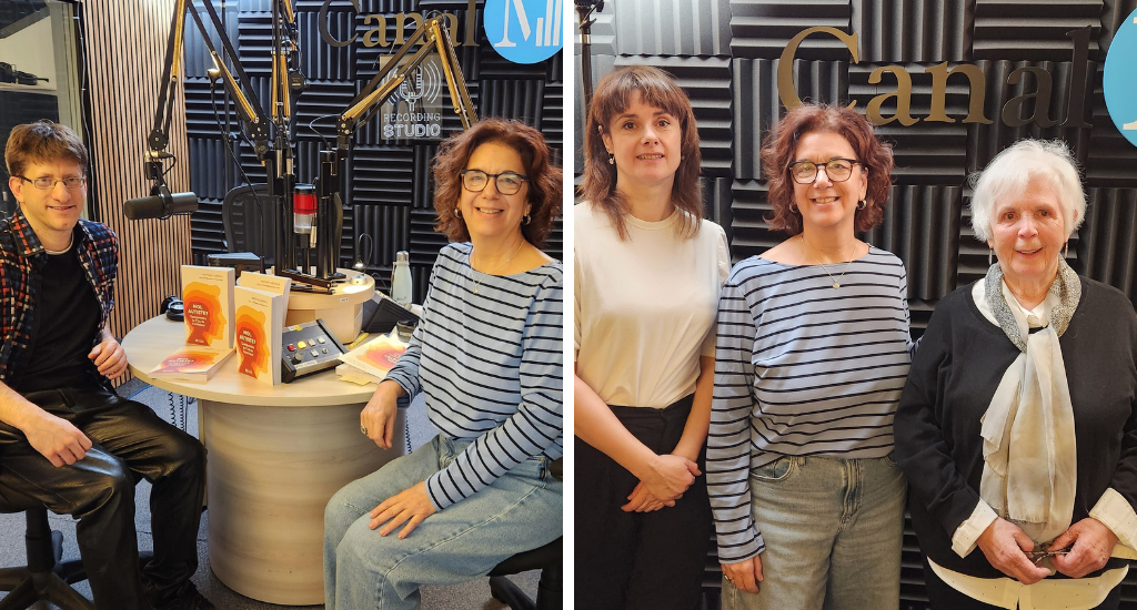 Mathieu Giroux, Hélène Denis, Annie Deniel et Marie-Claire Nadeau posent en studio. 