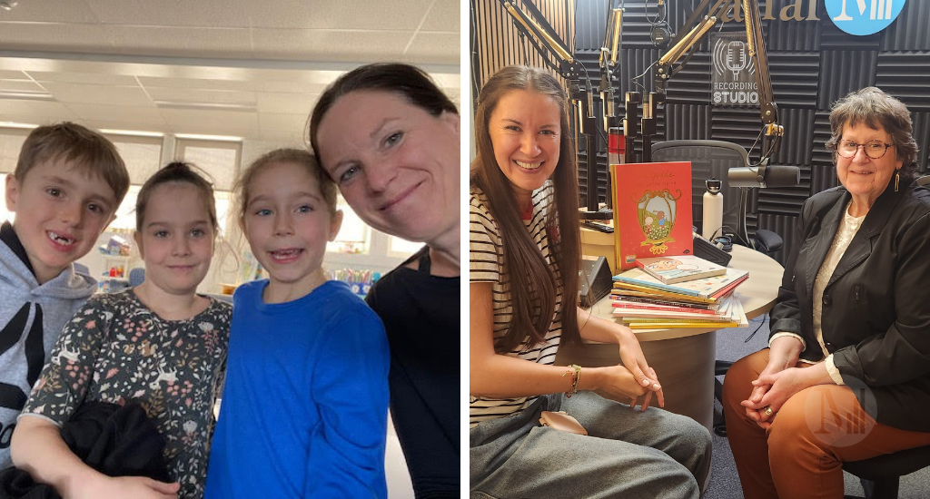 À gauche: Marie-Ève Deault et trois de ses élèves (Livia Turbide, Flora Chartier et Arnaud Poirier). À droite: Cara Carmina et Marie Lalande 