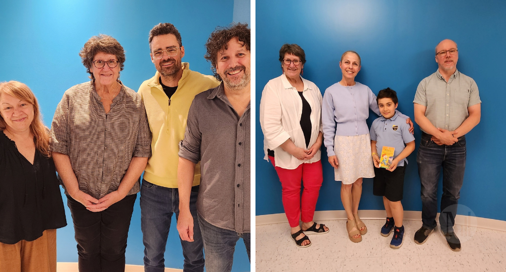 À gauche: Katia Courteau, Marie Lalande, Olivier Simard et Benoit Guilmain. À droite: Marie L., Marie-Josée Drouin, Émile Eid-Robitaille et Nicolas Robitaille 